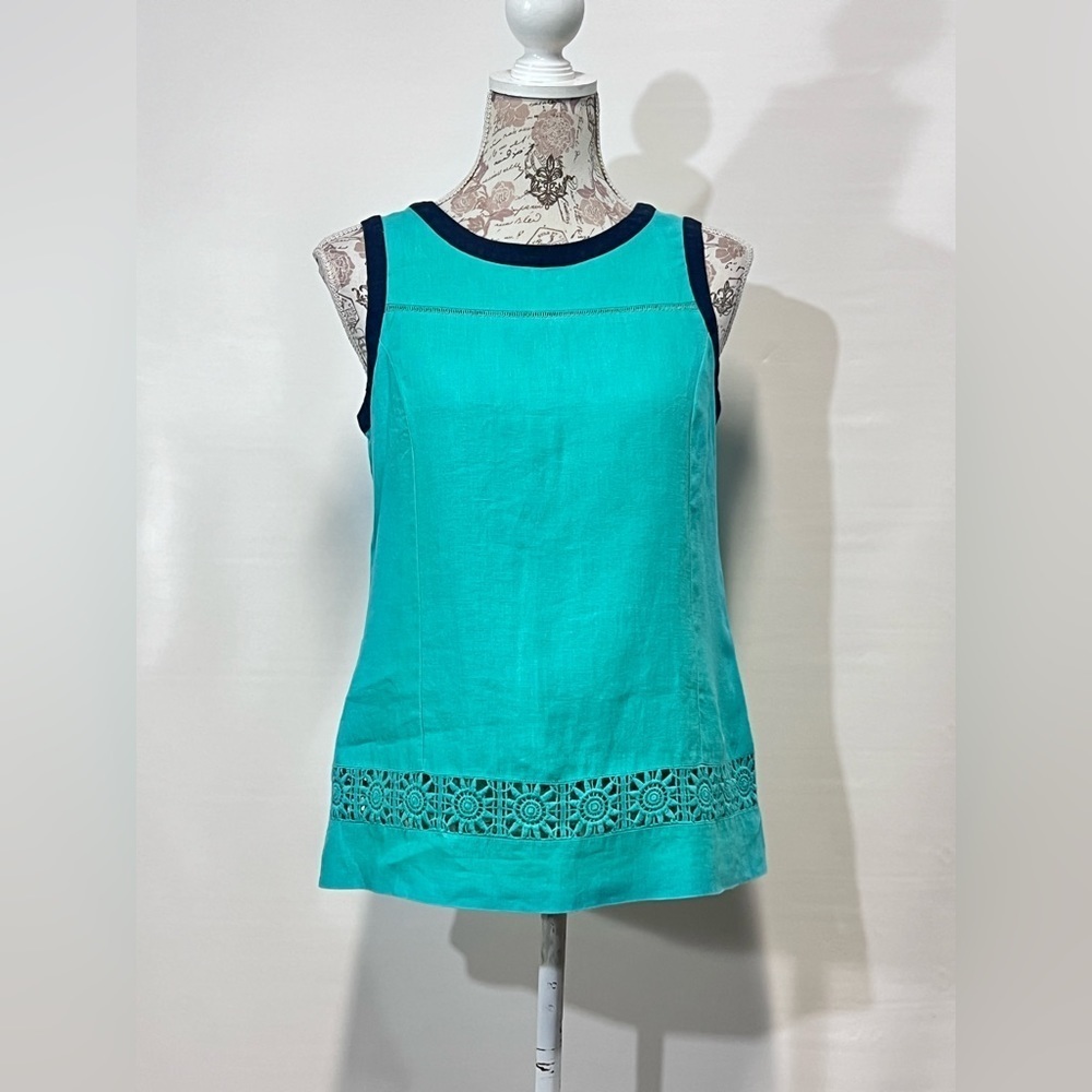 KAARI BLUE Aqua and navy sleeveless linen top size‎ XS. - Picture 2 of 12